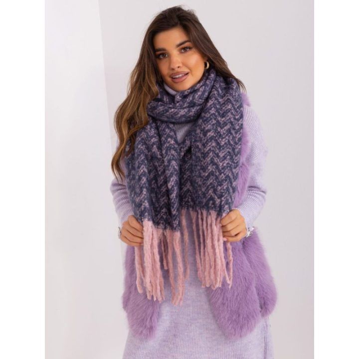 Moteriškas šalikas su geometriniu raštu ir kutais Wool Fashion Italia, tamsiai mėlynas