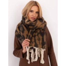 Moteriškas ilgas šalikas su gyvūnų raštu ir kutais Wool Fashion Italia, šviesiai rudas