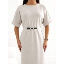 Moteriška trikotažinė midi suknelė su apvalia iškirpte Italy Moda, smėlio spalvos