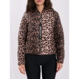 Moteriška dygsniuota leopardo rašto bomberinė striukė su stačia apykakle Italy Moda, juoda ir smėlio spalvos