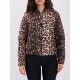 Moteriška dygsniuota leopardo rašto bomberinė striukė su stačia apykakle Italy Moda, juoda ir smėlio spalvos