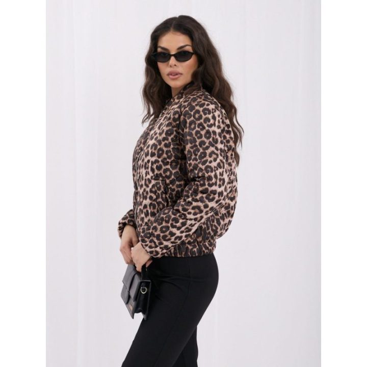 Moteriška dygsniuota leopardo rašto bomberinė striukė su stačia apykakle Italy Moda, juoda ir smėlio spalvos
