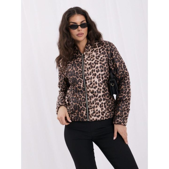 Moteriška dygsniuota leopardo rašto bomberinė striukė su stačia apykakle Italy Moda, juoda ir smėlio spalvos