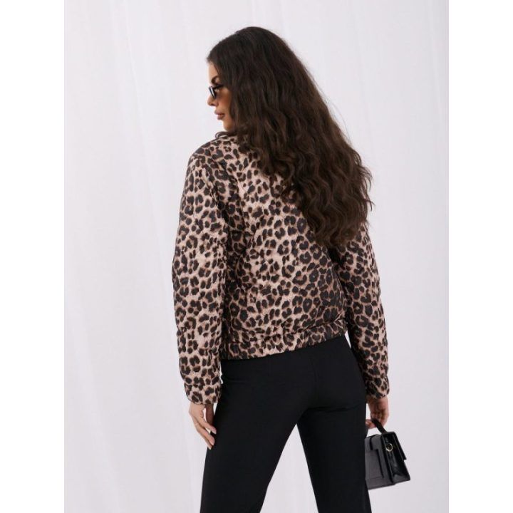 Moteriška dygsniuota leopardo rašto bomberinė striukė su stačia apykakle Italy Moda, juoda ir smėlio spalvos