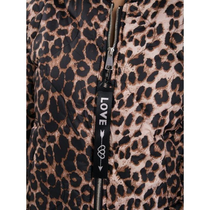 Moteriška dygsniuota leopardo rašto bomberinė striukė su stačia apykakle Italy Moda, juoda ir smėlio spalvos