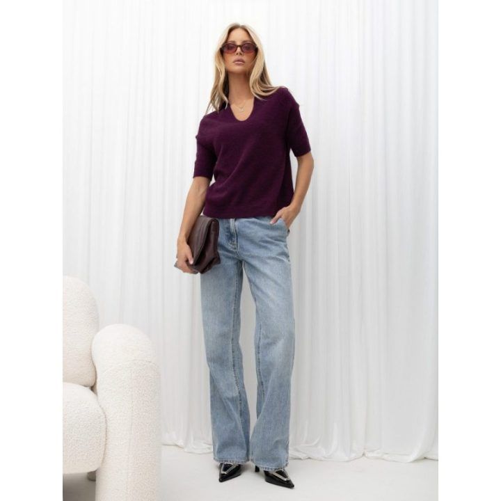 Moteriškas polo megztinis su moherio efektu ir apykakle Italy Moda, tamsiai violetinis