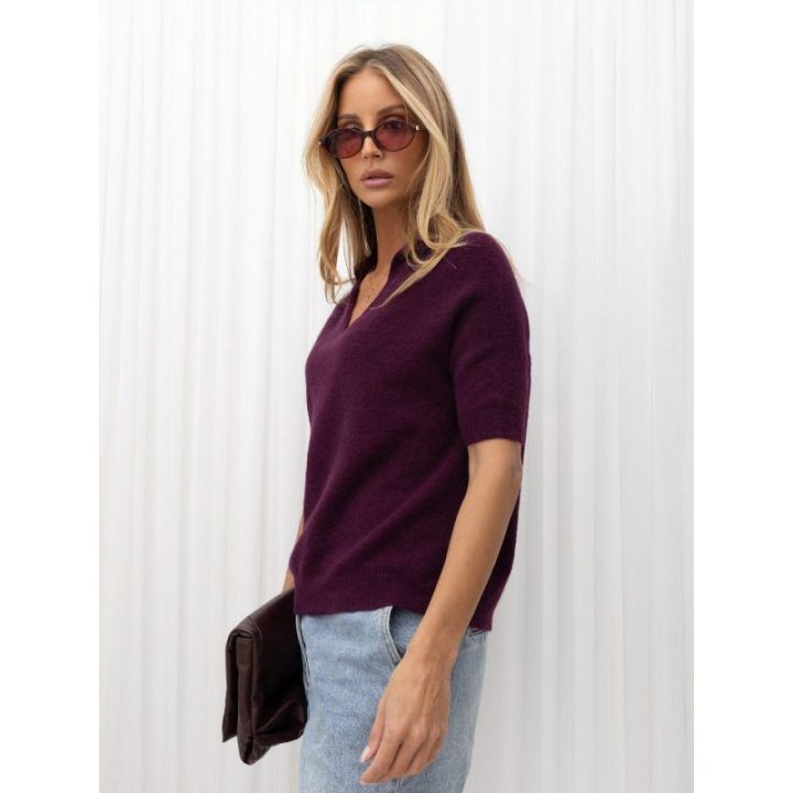 Moteriškas polo megztinis su moherio efektu ir apykakle Italy Moda, tamsiai violetinis