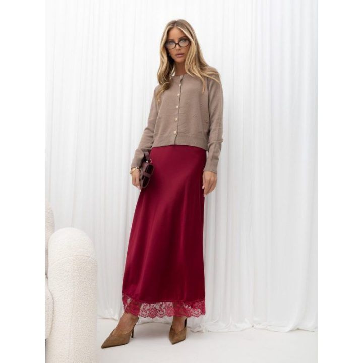 Moteriškas trapecijos formos midi sijonas su nėrinių apačia Italy Moda, bordo