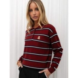 Moteriškas polo megztinis su apykakle ir siuvinėtu meškiuku Italy Moda, bordo spalvos