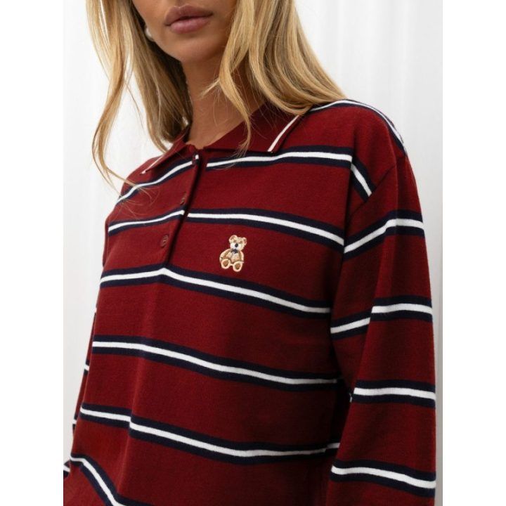 Moteriškas polo megztinis su apykakle ir siuvinėtu meškiuku Italy Moda, bordo spalvos
