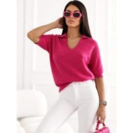 Moteriškas polo megztinis su apykakle Italy Moda, ryškiai rožinis