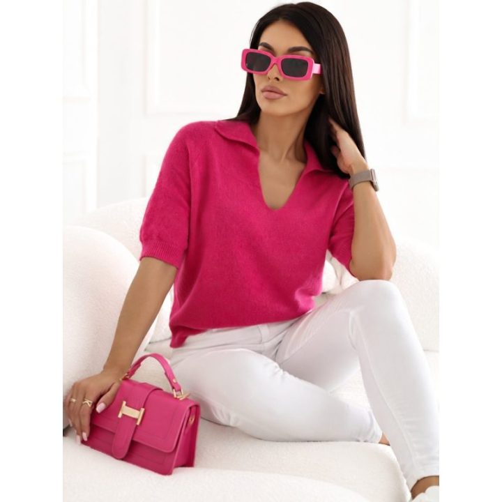 Moteriškas polo megztinis su apykakle Italy Moda, ryškiai rožinis