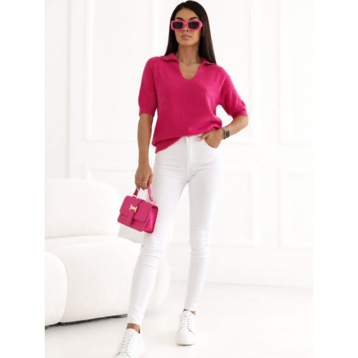 Moteriškas polo megztinis su apykakle Italy Moda, ryškiai rožinis