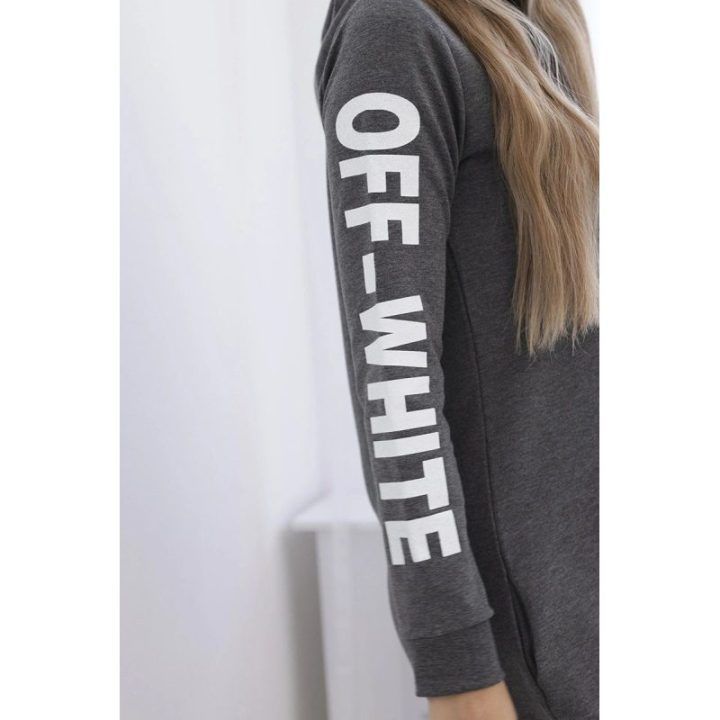 Moteriška medvilninė suknelė su gobtuvu ir užrašu „Off White“, grafito spalvos