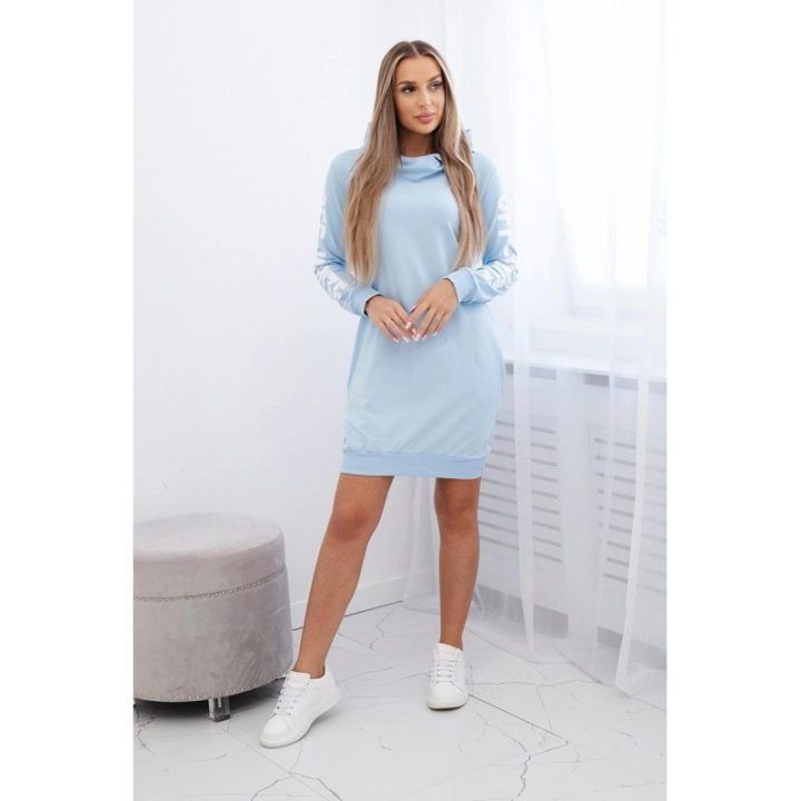 Moteriška medvilninė suknelė su gobtuvu ir užrašu „Off White“, mėlyna