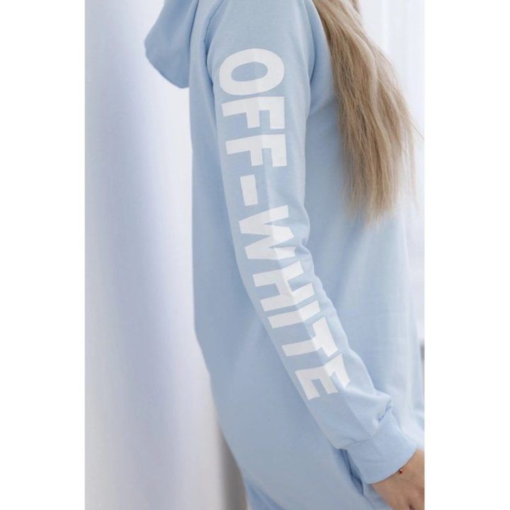 Moteriška medvilninė suknelė su gobtuvu ir užrašu „Off White“, mėlyna
