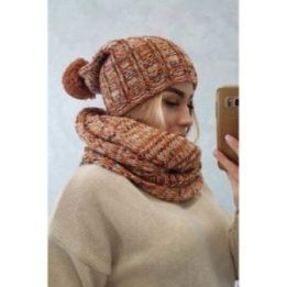 Moteriškas kepurės ir šaliko-movos komplektas su fliso pamušalu ir bumbulu 4 Pory Roku, šviesiai rudas