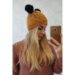 Moteriška žieminė kepurė su dviem bumbulais ir fliso pamušalu, garstyčių spalvos
