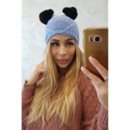 Moteriška žieminė kepurė su dviem bumbulais ir fliso pamušalu, mėlyna