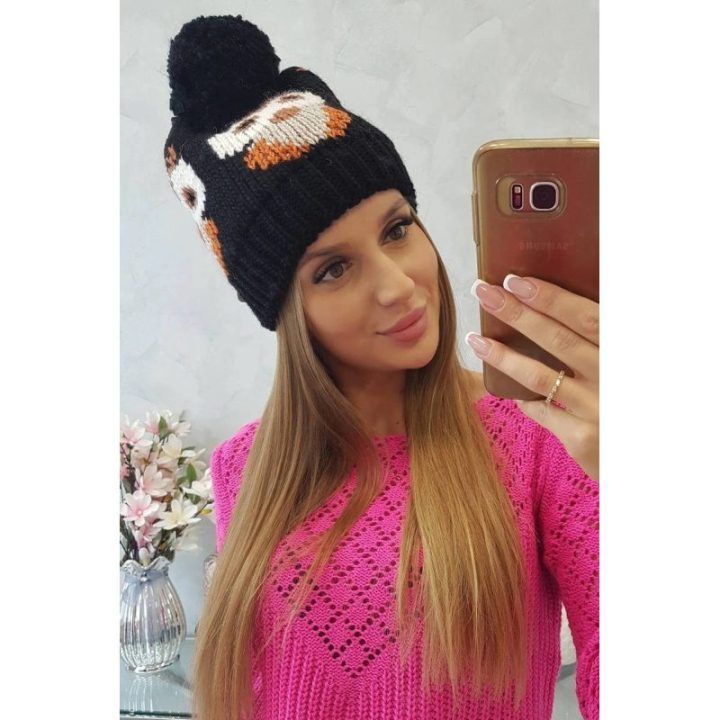 Moteriška žieminė kepurė su pelėdos raštu, juoda
