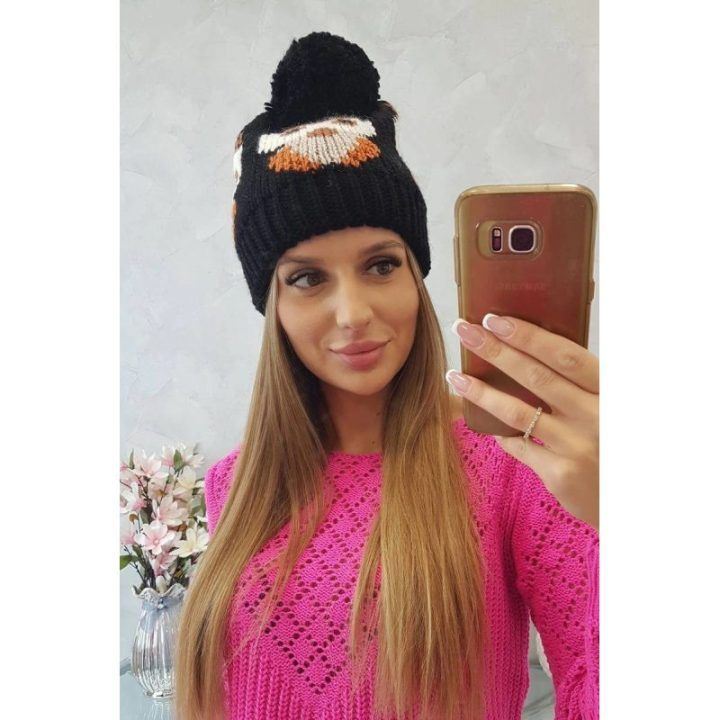 Moteriška žieminė kepurė su pelėdos raštu, juoda