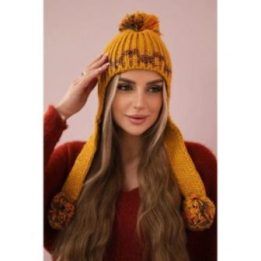 Moteriška vilnonė žieminė kepurė su ilgomis ausimis Nadia, garstyčių spalvos