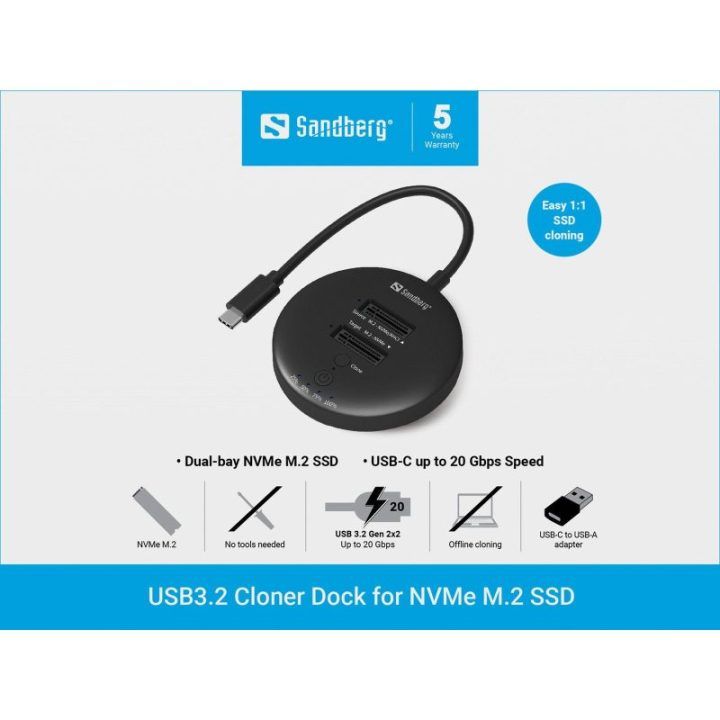 NVMe M.2 SSD klonavimo stotelė su USB-C Sandberg, iki 20 Gb/s
