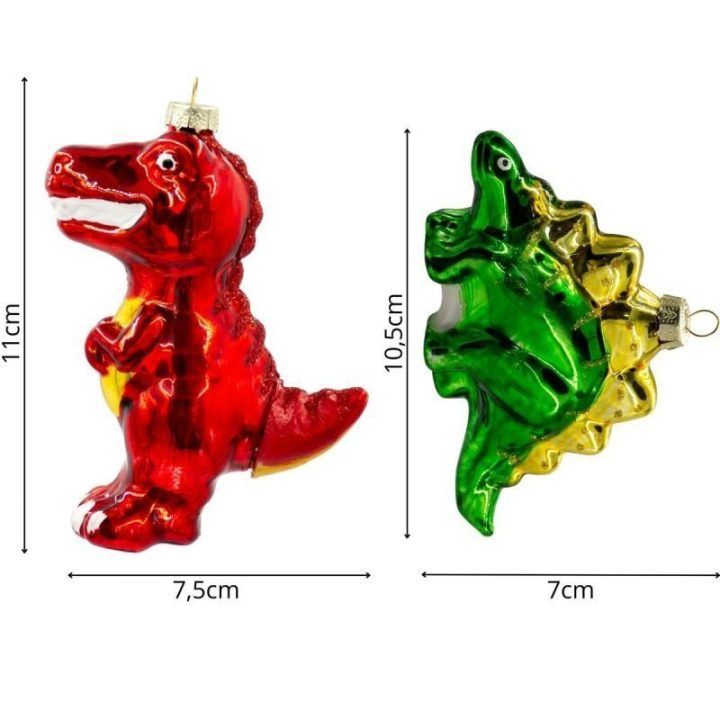 Kalėdinių eglutės dekoracijų rinkinys su dinozaurų motyvu MICA, 2 vnt., raudonos ir žalios spalvos