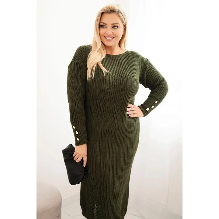 Moteriška Plus Size megzta suknelė su moheru, chaki spalvos
