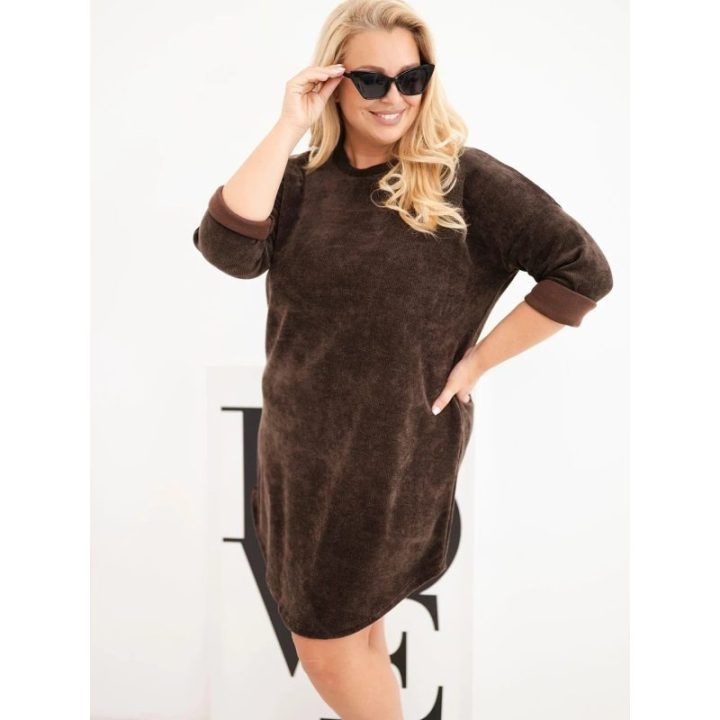 Moteriška Plus Size laisvo kirpimo štruksinė suknelė, rudos spalvos