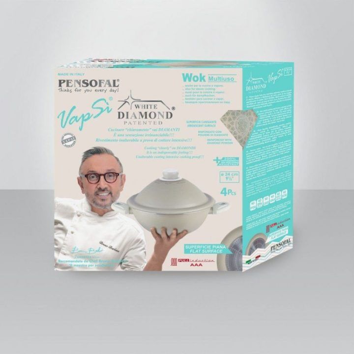 Wok keptuvė su dviem rankenomis ir dangčiu Pensofal White Diamond Vapsi, 24 cm, 3 l