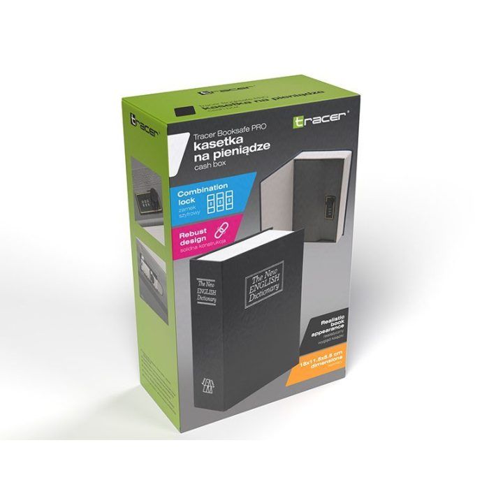 Knygos formos taupyklė su 3 skaitmenų kodine spyna Tracer BookSafe Pro, juoda su balta