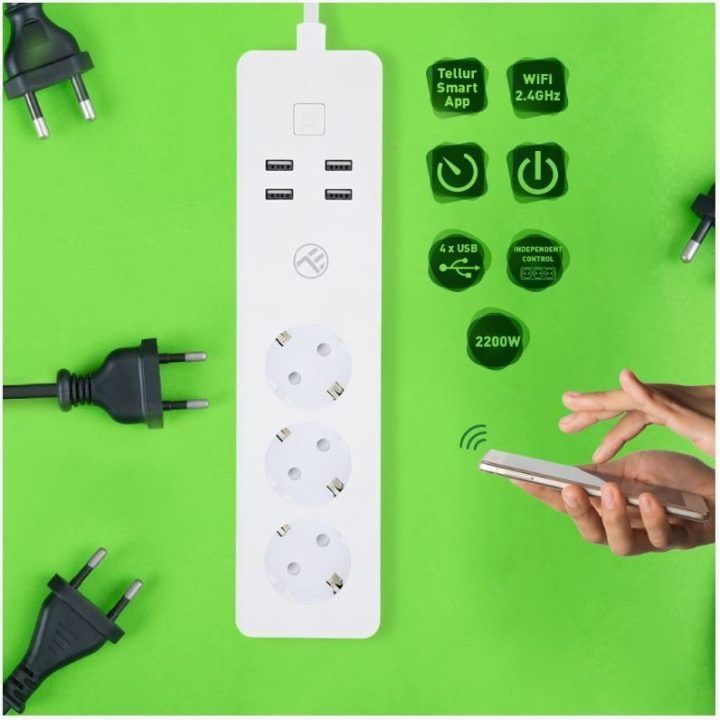 Išmanusis Wi-Fi maitinimo ilgintuvas Tellur, 3 lizdai, 4 USB, 2200 W, 1,8 m