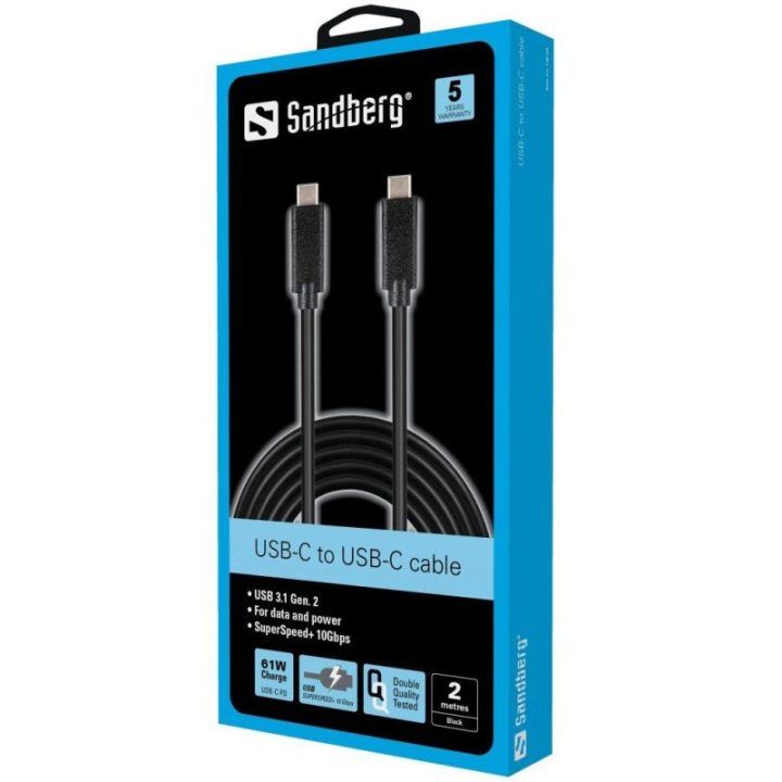 USB-C–USB-C kabelis Sandberg, 2 m, juodas