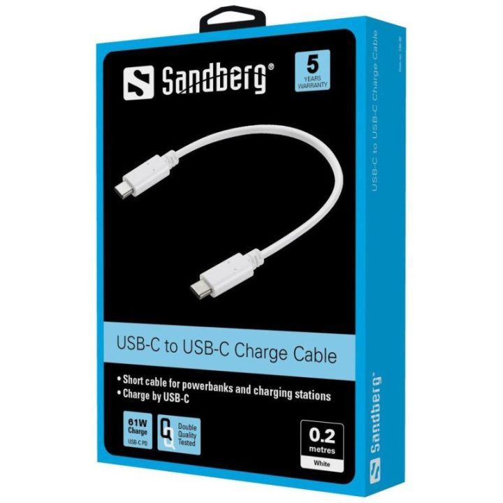USB-C–USB-C įkrovimo kabelis Sandberg, 0,2 m, baltas