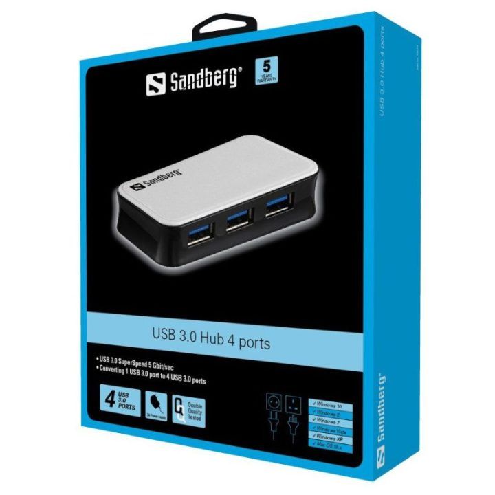 USB 3.0 šakotuvas su 4 prievadais Sandberg, 1 m, juodos ir baltos spalvos