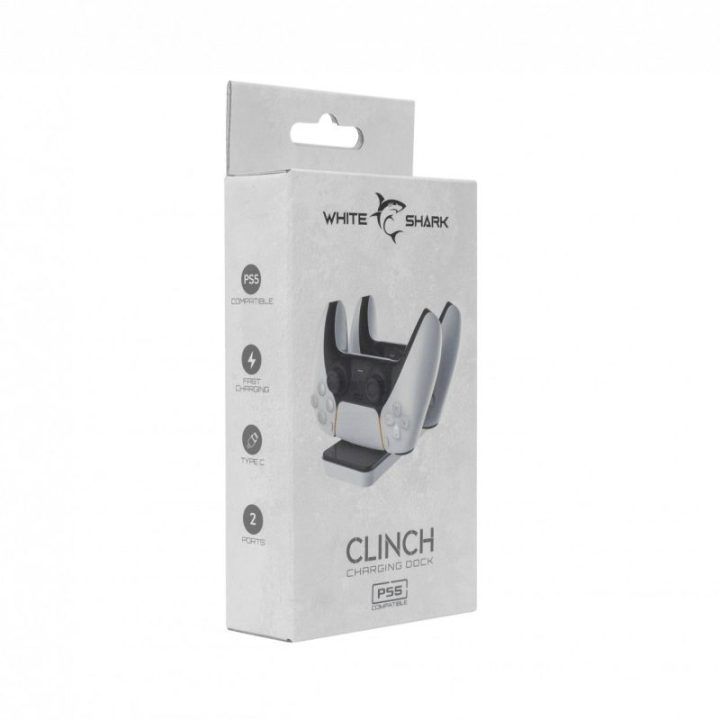 Įkrovimo stovas dviem PS5 valdikliams White Shark CLINCH, baltas su juoda
