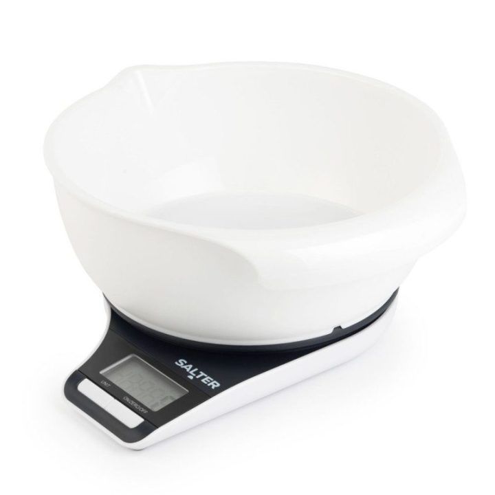 Elektroninės virtuvinės svarstyklės su dubeniu Salter, 5 kg, juodos ir baltos