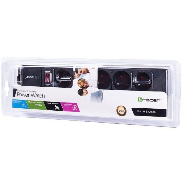 Maitinimo ilgintuvas su viršįtampių apsauga Tracer PowerWatch, 1,5 m, juodas