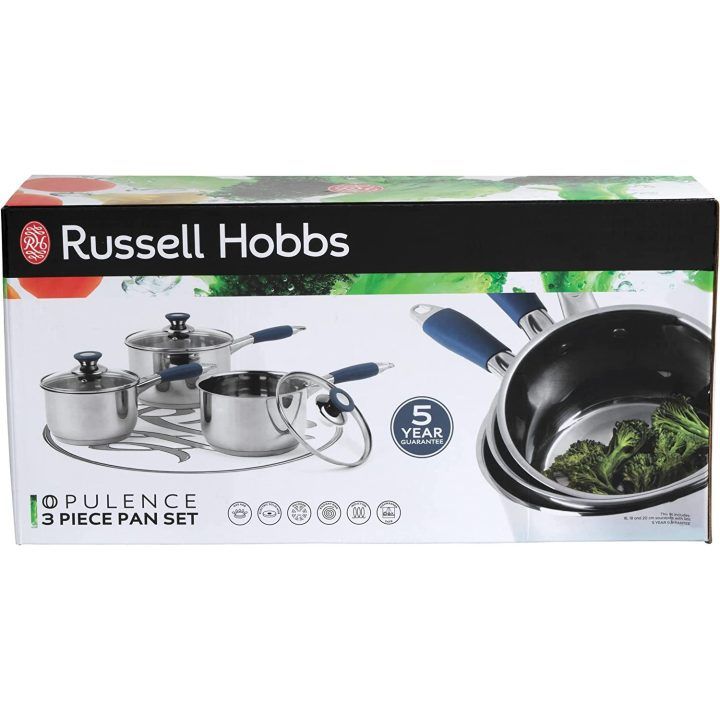 Puodų rinkinys su mėlynomis rankenomis Russell Hobbs Opulence, 3 vnt