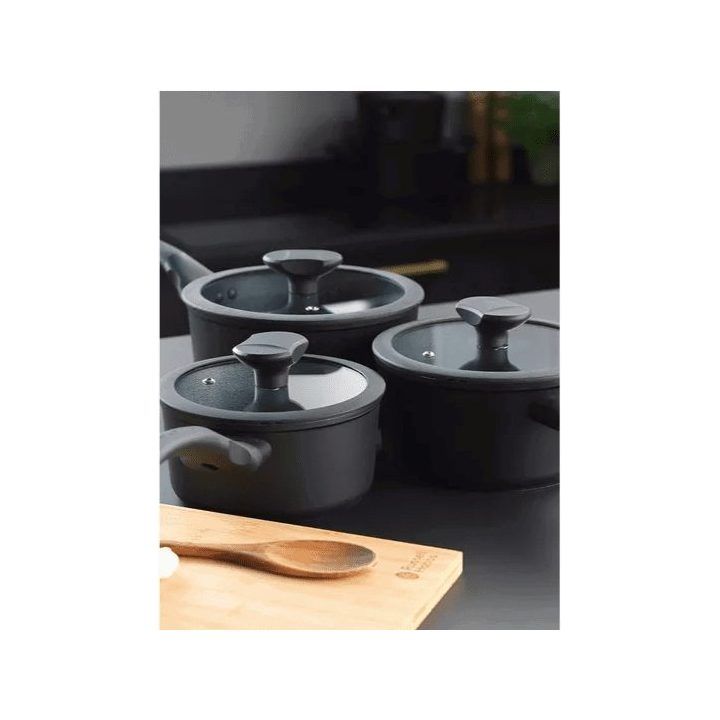 Puodų rinkinys su dangčiais Russell Hobbs Crystaltech, 3 vnt., grafito spalvos