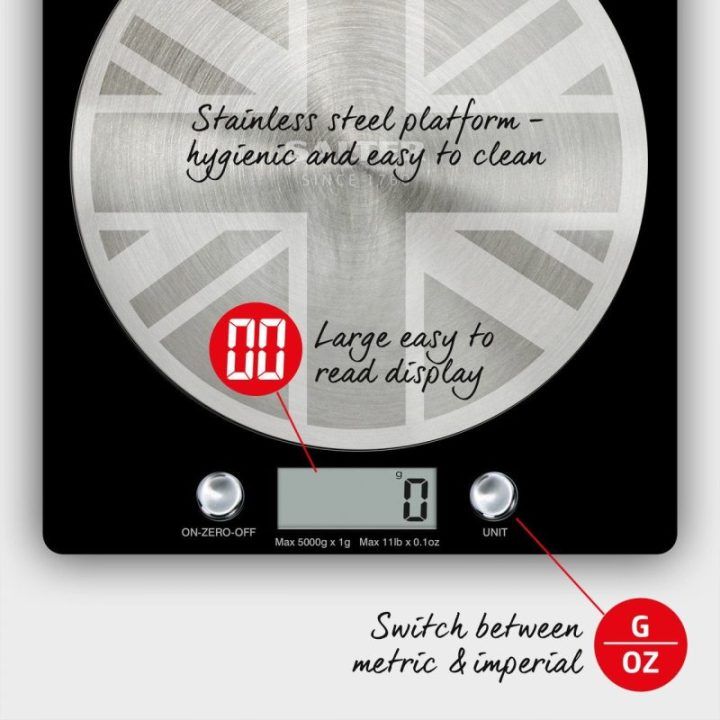 Skaitmeninės diskinės virtuvinės svarstyklės Salter Great British, 5 kg, juodos