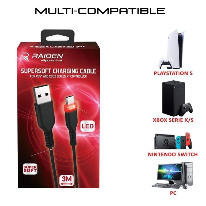USB-A–USB-C kabelis PS5, Xbox ir Switch valdikliams su LED Subsonic Supersoft, 3 m