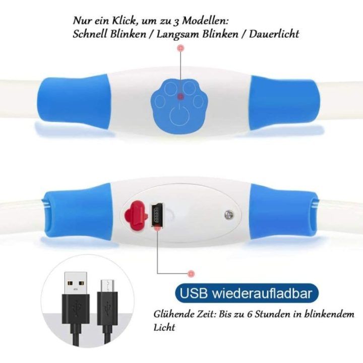 Įkraunamas šviečiantis antkaklis šunims ir katėms KABB, mėlynas