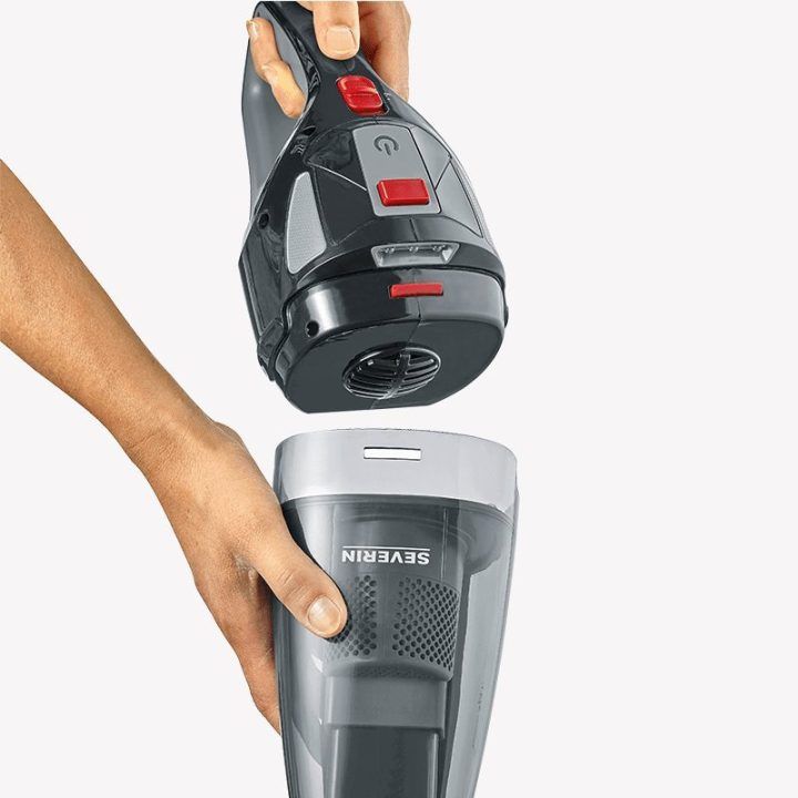Akumuliatorinis dulkių siurblys su besisukančiu turbo šepečiu Severin HV 7147, 120 W, juodos, pilkos ir raudonos spalvos
