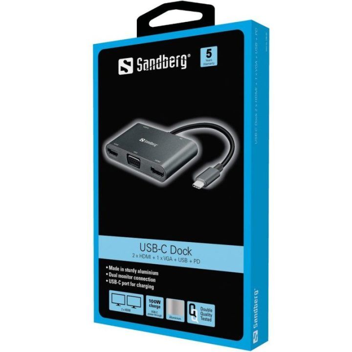 USB-C dokas su dviem HDMI ir VGA jungtimis Sandberg, 4K/30 Hz