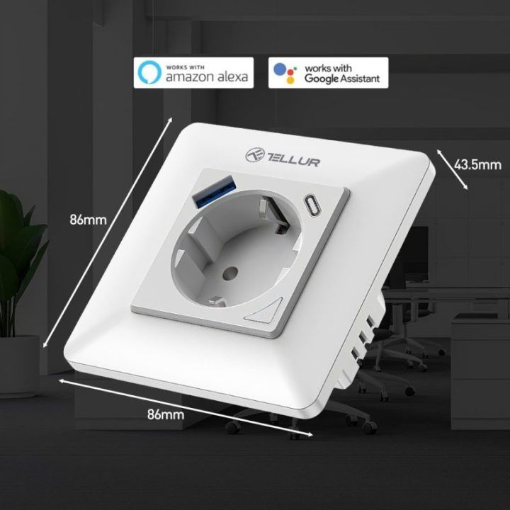 Išmanusis Wi-Fi kištukinis lizdas su USB-C ir USB-A Tellur, 3600 W, baltas