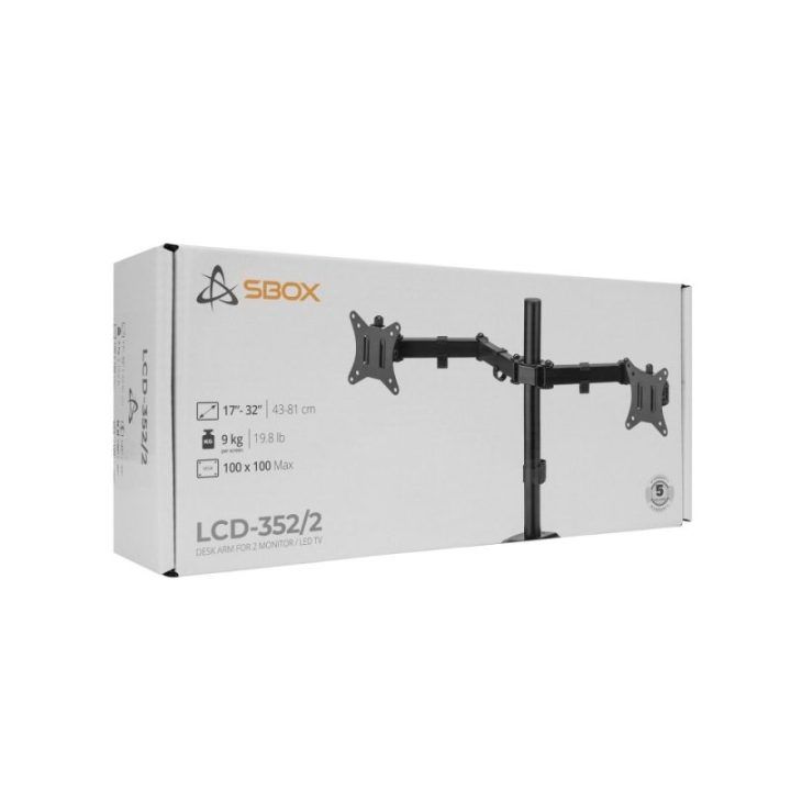 Dvigubas monitorių laikiklis Sbox LCD-352/2-2, 13–32 colių, 2 × 8 kg, juodas