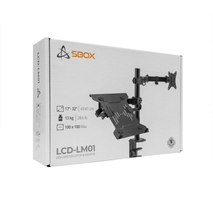 Stalinis monitoriaus ir nešiojamojo kompiuterio laikiklis Sbox LCD-LM01-2, 12 kg, juodas