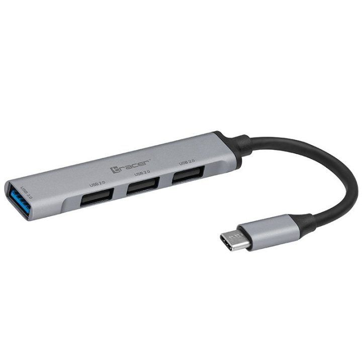 USB šakotuvas su USB-C jungtimi Tracer H40, 4 prievadų, sidabro ir juodos spalvos